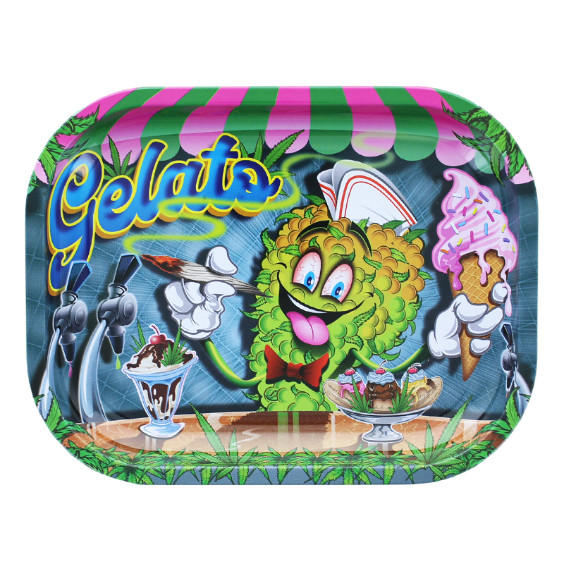 Petit plateau à rouler Gelato en métal avec personnage fleur de cannabis cartoon, glace rose, desserts et décor multicolore – Holy Mary