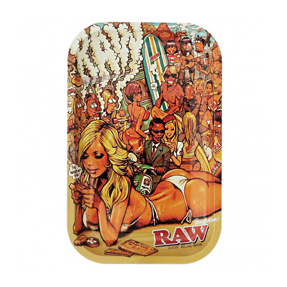 Plateau à rouler RAW x RIB en métal avec illustration Summer Party style bande dessinée, surfeurs, personnages et logo RAW – Holy Mary