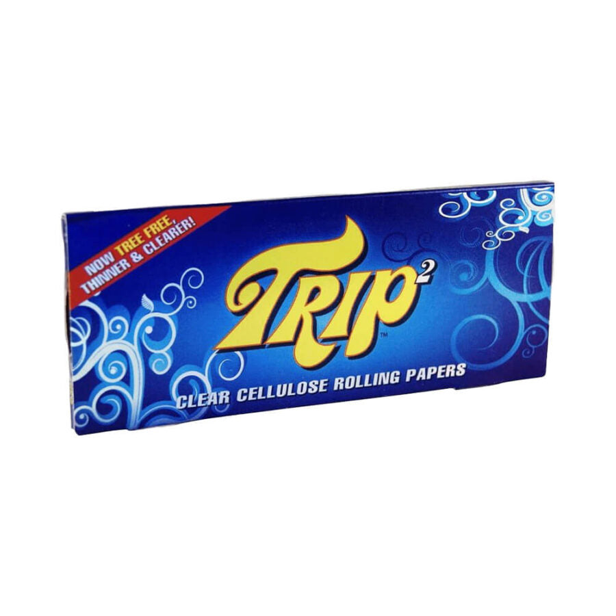 Feuilles à rouler transparentes TRIP² King Size Slim en cellulose, carnet bleu avec logo jaune – Holy Mary