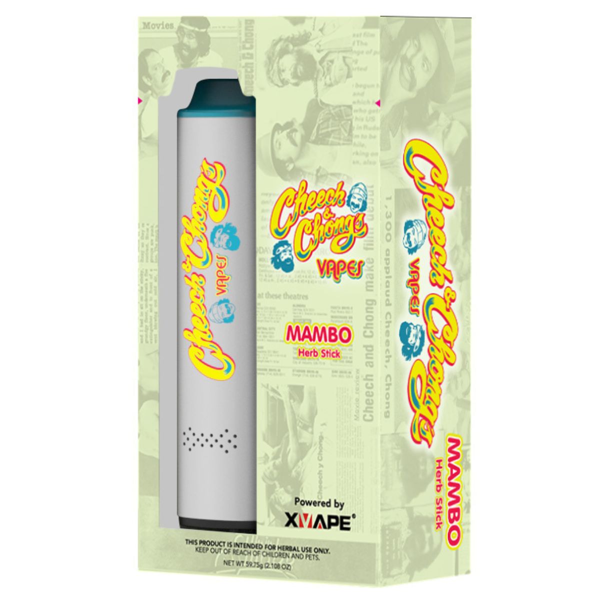 Boîte du vaporisateur portable XVAPE Mambo édition Cheech & Chong, modèle blanc et turquoise – Holy Mary