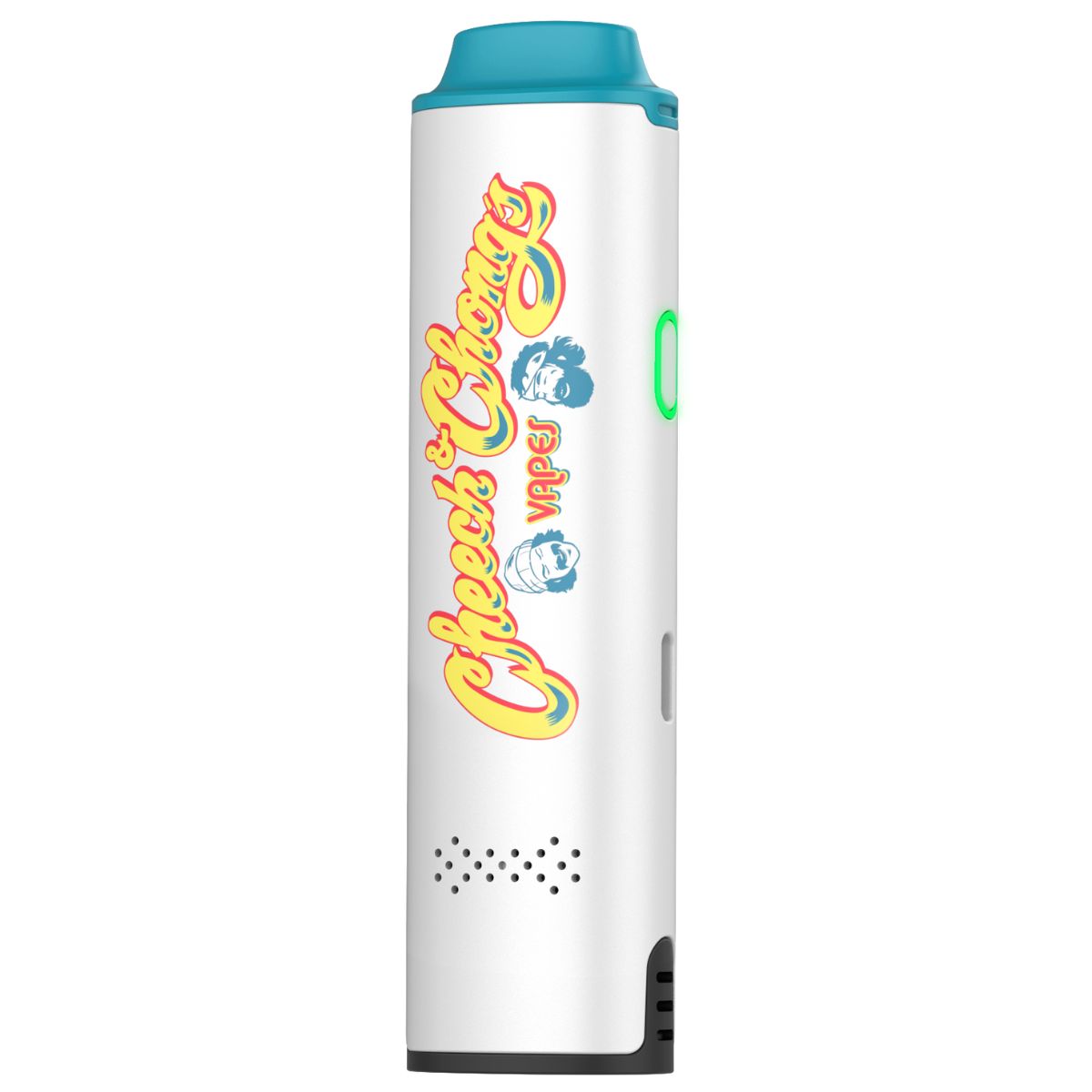 Vaporisateur portable XVAPE Mambo Cheech & Chong blanc avec embout turquoise, bouton lumineux et design compact – Holy Mary