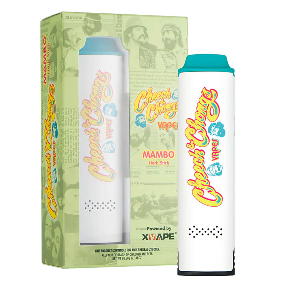 Vaporisateur XVAPE Mambo Cheech & Chong blanc et turquoise présenté devant son emballage officiel – Holy Mary